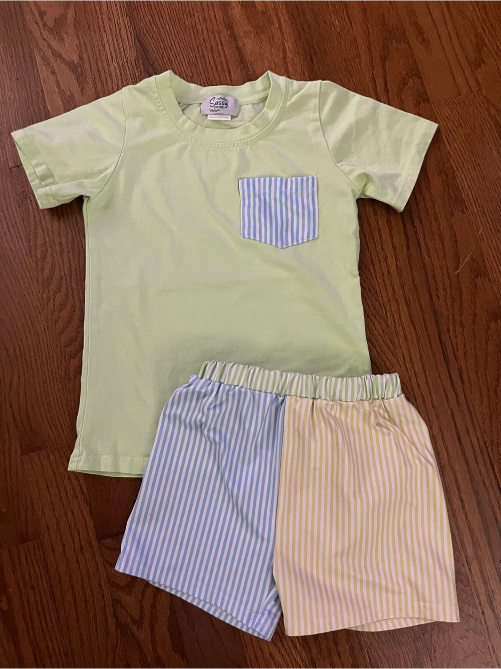 Kids Light Green Pocket Tee & Pastel Stripe Shorts